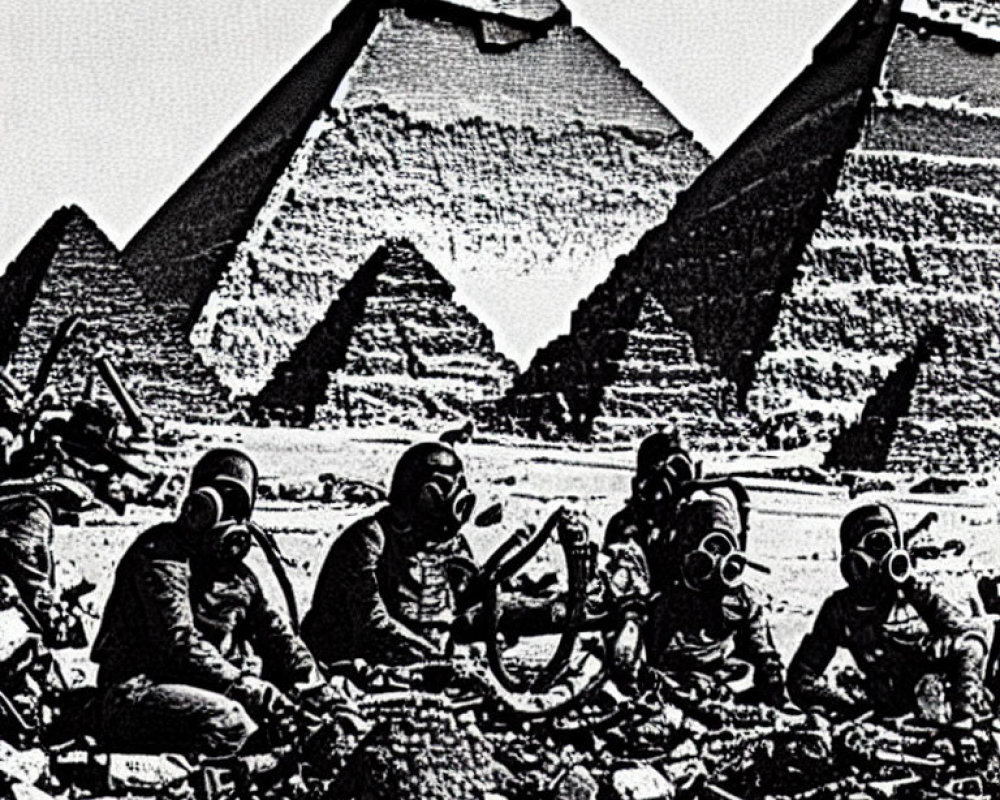 Grainy photo of four people in gas masks at Egyptian pyramids