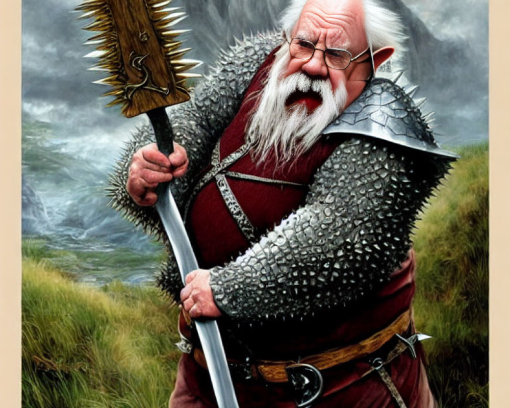 Elderly fantasy warrior in chainmail with spiked mace on rugged terrain