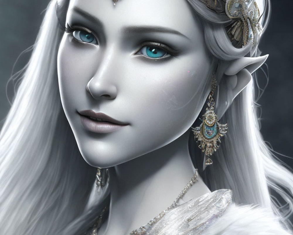Elven character digital portrait with blue eyes, white hair, and gold jewelry