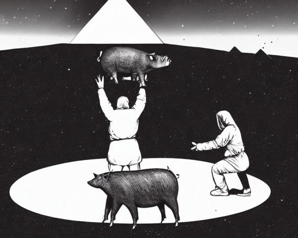 Two individuals raising a pig to a floating pyramid in a starry night landscape