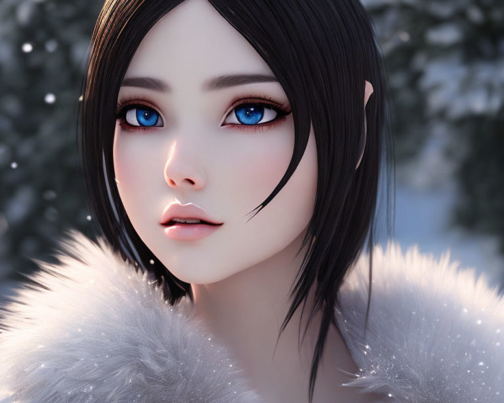 Detailed Digital Art: Female with Blue Eyes, Black Hair, White Fur Collar