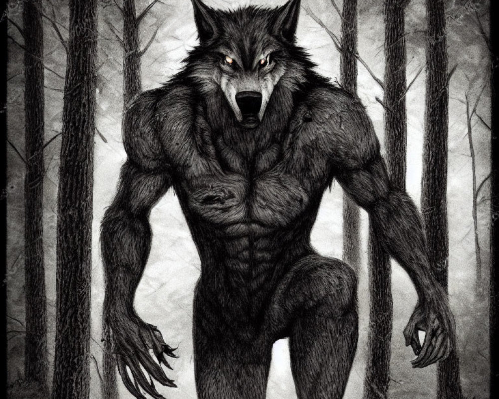 Menacing werewolf in gloomy forest with piercing eyes
