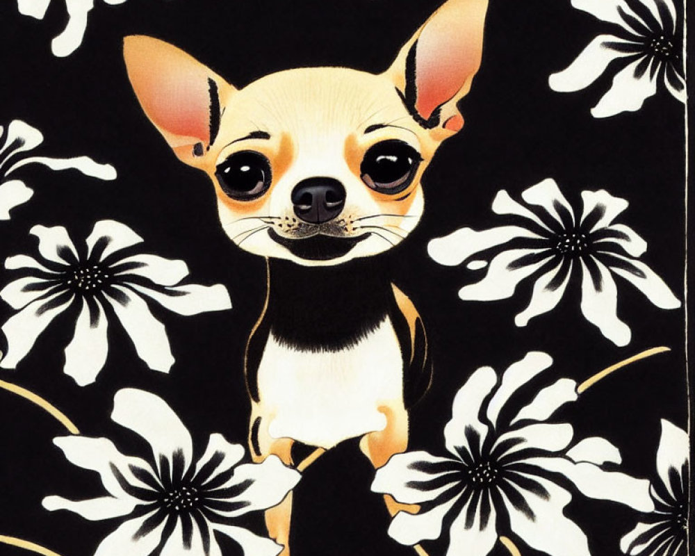 Chihuahua with Large Eyes on Black Background with White Floral Patterns