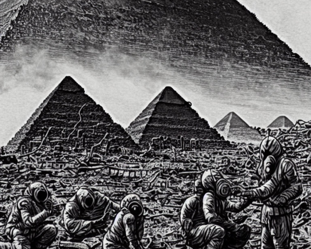Stylized black and white image of astronauts with pyramids in background