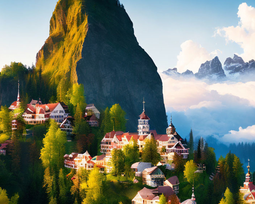 Scenic mountain village with chalet-style houses and lush greenery