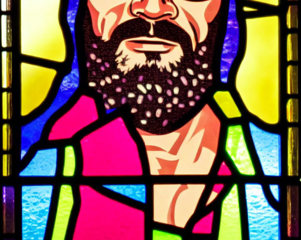 Colorful Stained Glass Portrait of Bearded Figure with Sunglasses