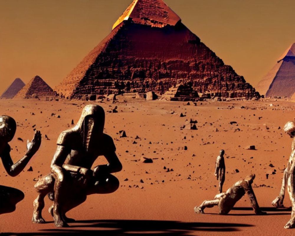 Human Sculptures Posed in Martian Desert with Pyramids and Orange Sky