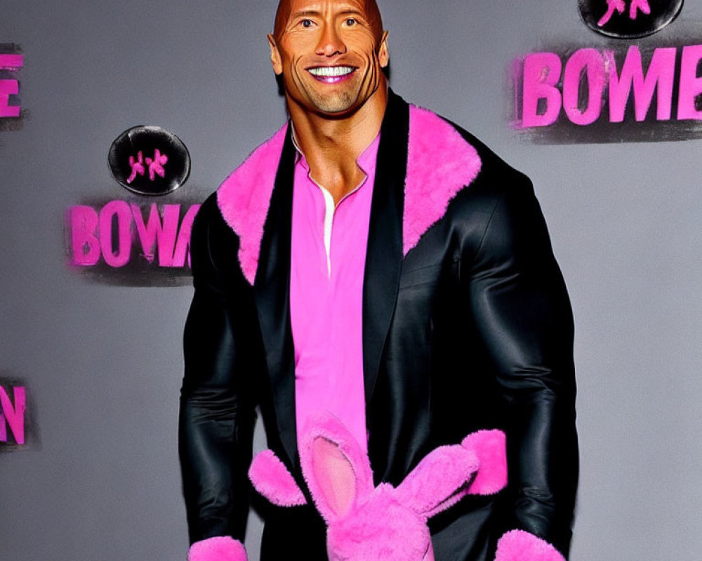 Muscular man in suit with pink fur trim holding bunny plush at promotional event