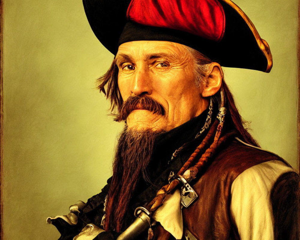 Portrait of man as pirate with red hat, mustache, beard, and pistol.