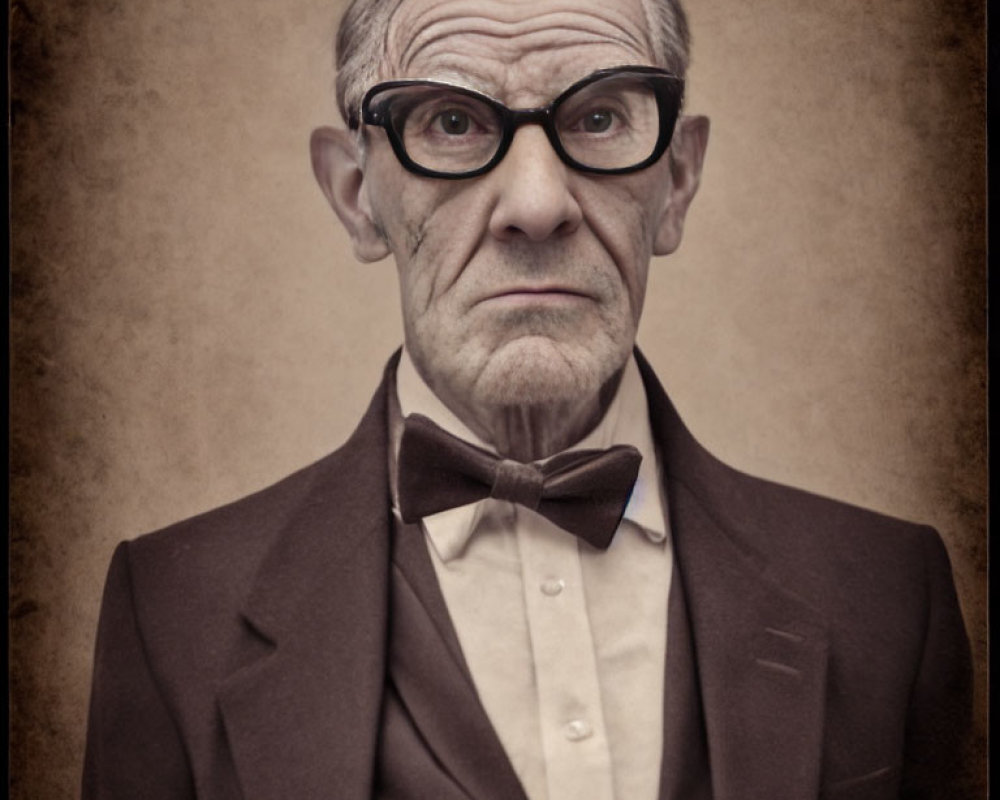 Elderly man with glasses and bow tie in dark jacket on sepia background