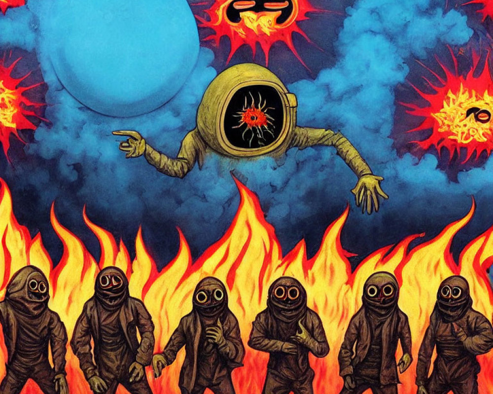 Surreal artwork with giant eye, diving helmet, astronauts, flames, blue sphere, and fiery