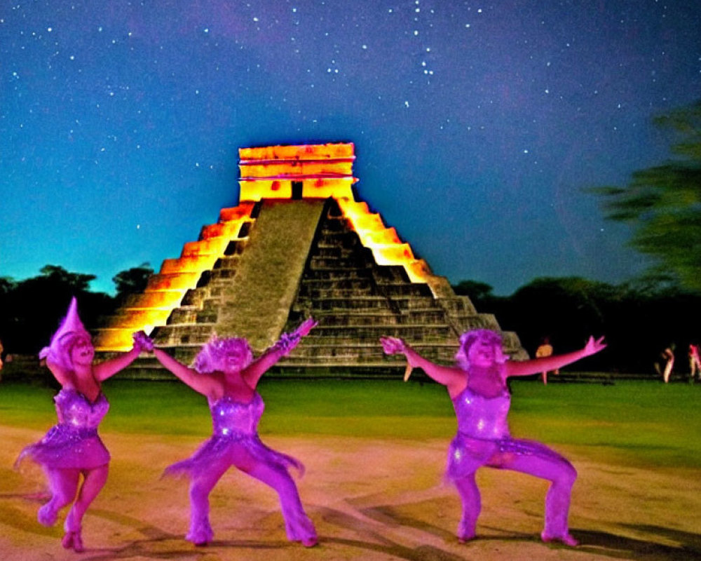 Three People Dancing in Sparkling Purple Outfits at Night by Illuminated Mayan Pyramid