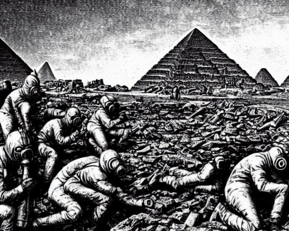 Monochrome illustration of astronauts exploring ruins near Egyptian pyramids
