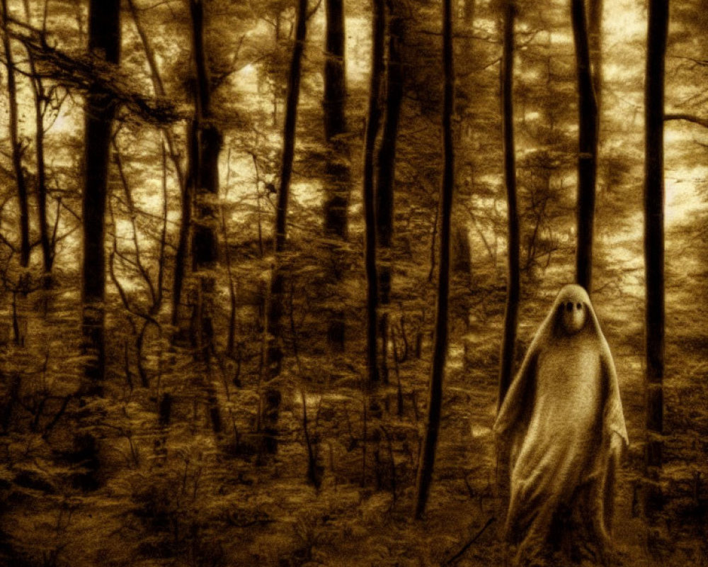 Sepia-Toned Image of Ghostly Figure in Haunting Forest