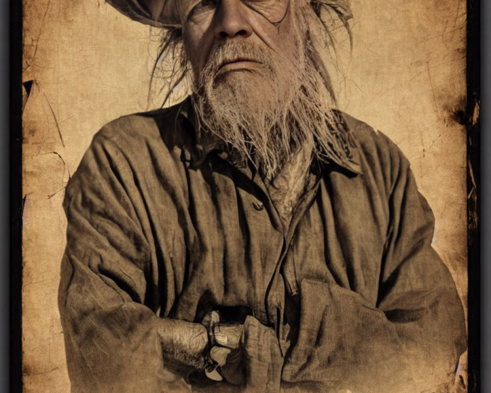 Elderly man with long white beard posing against aged backdrop