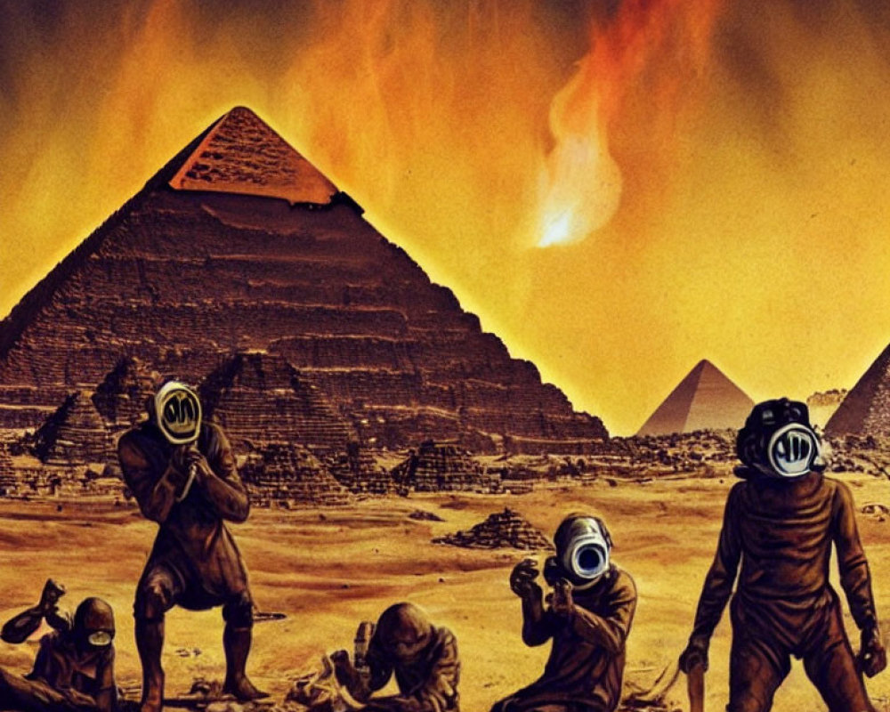 Four figures in gas masks amidst desert with pyramids as fiery object streaks through sky