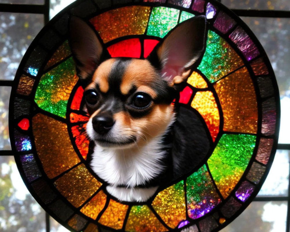 Chihuahua Dog's Face in Colorful Stained Glass Frame