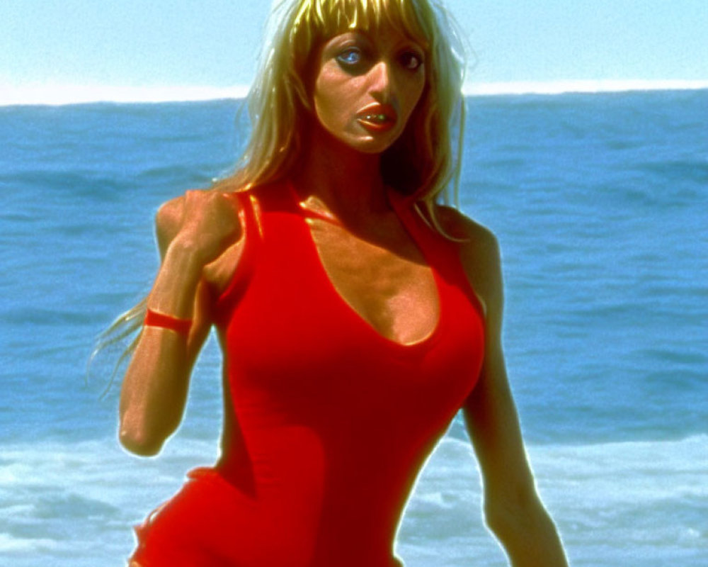 Blonde woman in red swimsuit on beach with ocean view