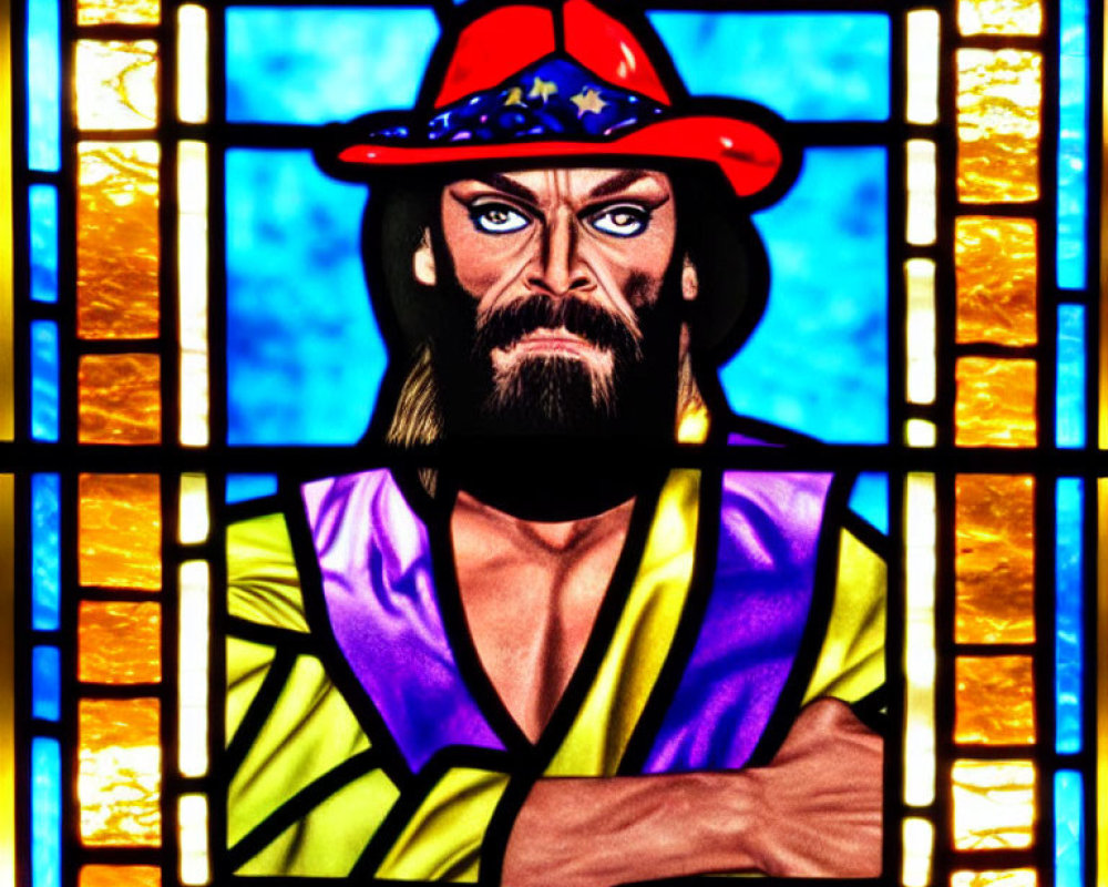 Vibrant stained glass window with cartoon-style wizard figure