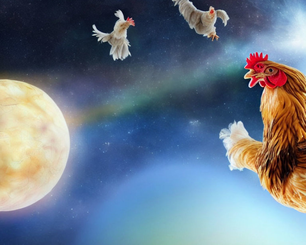 Three chickens in space with planet and nebula.