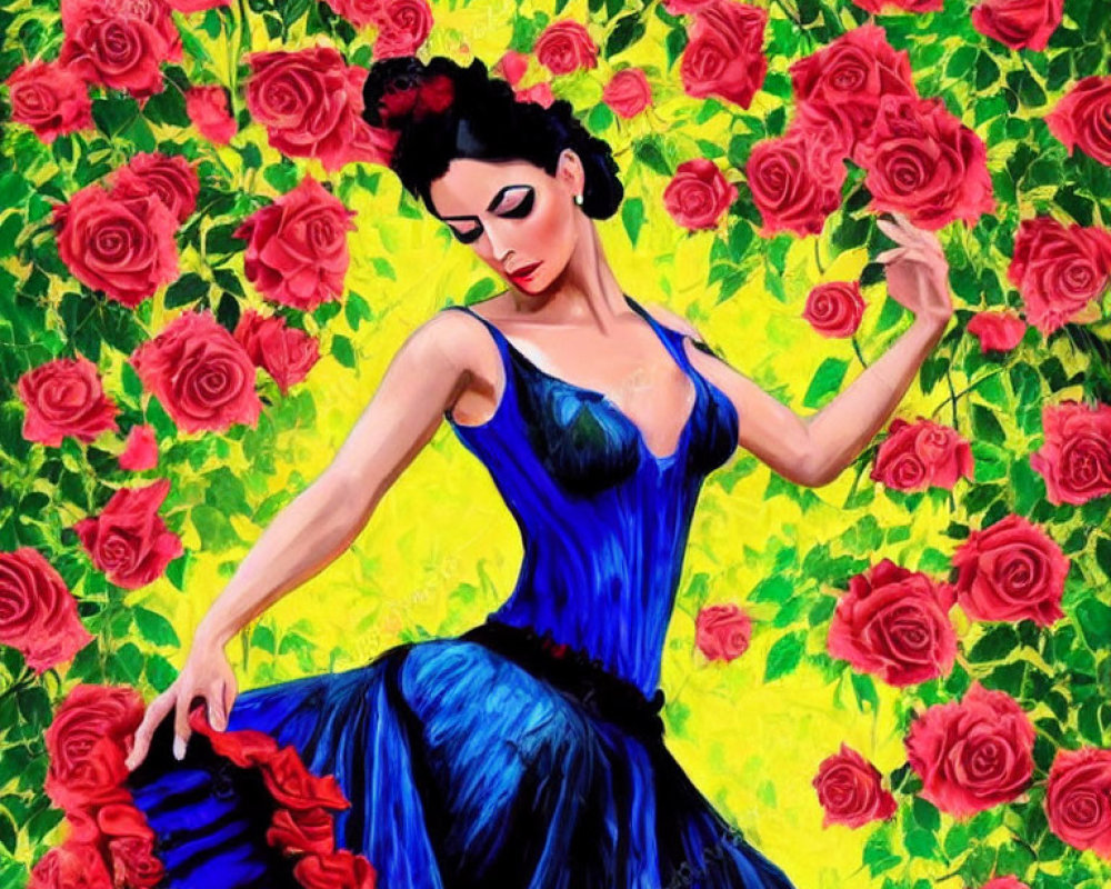 Colorful painting of woman in blue dress surrounded by red roses and green foliage