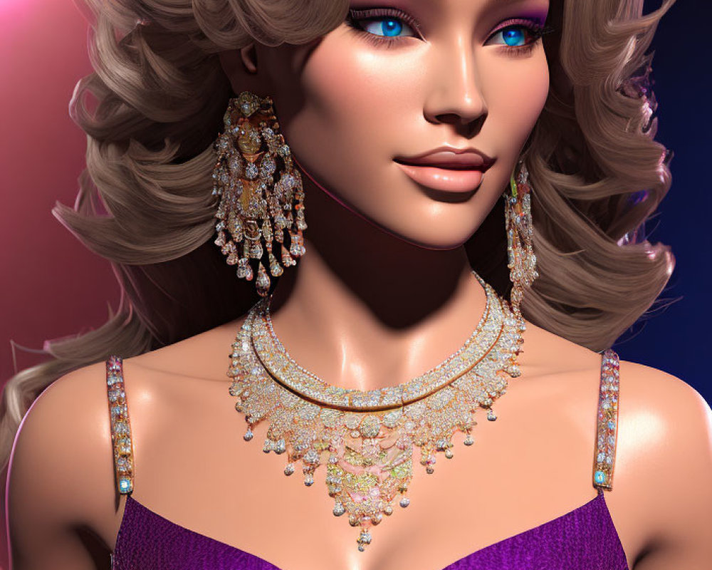 3D-rendered image of woman with blonde hair and purple dress