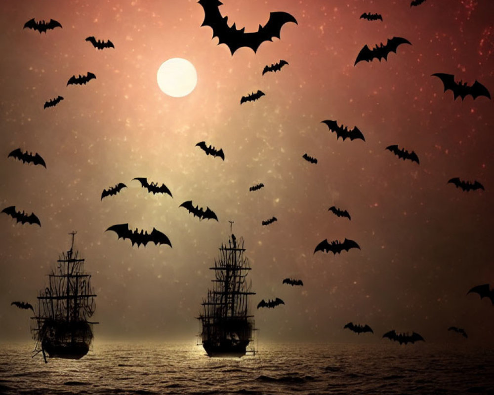 Silhouetted bats flying over sailing ships on a red sunset sea