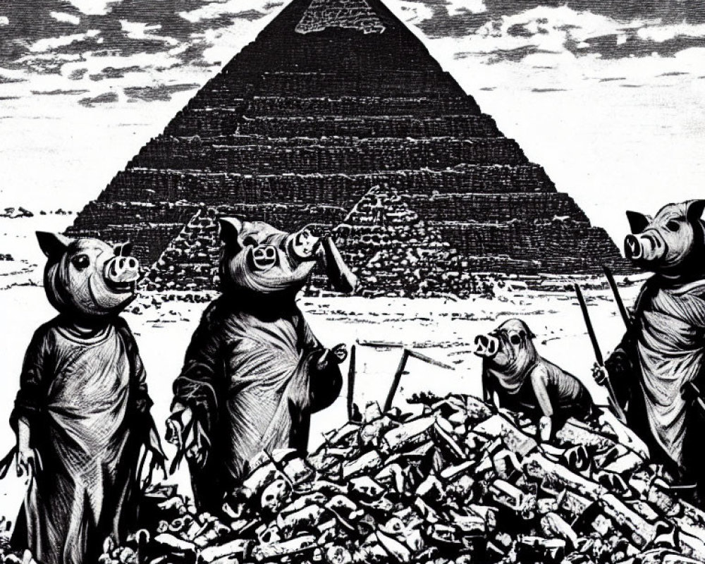 Monochrome illustration of pigs in clothes near pyramid.
