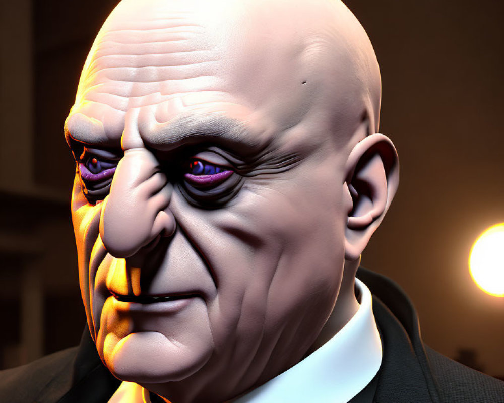 Menacing male character in 3D with bald head, purple eyes, and black suit