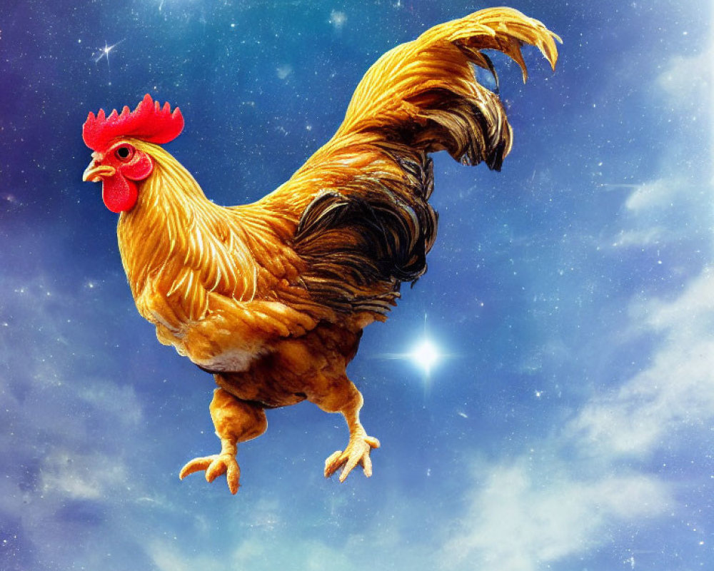 Colorful Rooster on Starry Sky with Cosmic Background