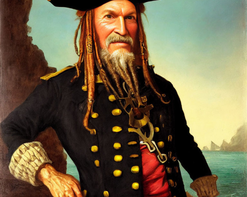 Portrait of a man in pirate attire by the sea with ship in background