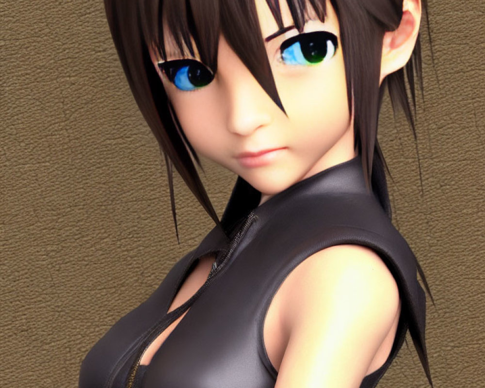 Digital artwork: Female anime character, large blue eyes, short black hair, black sleeveless top,