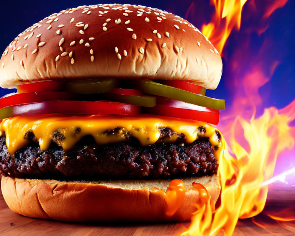 Cheeseburger with lettuce, tomato, pickles, and flames on dark background