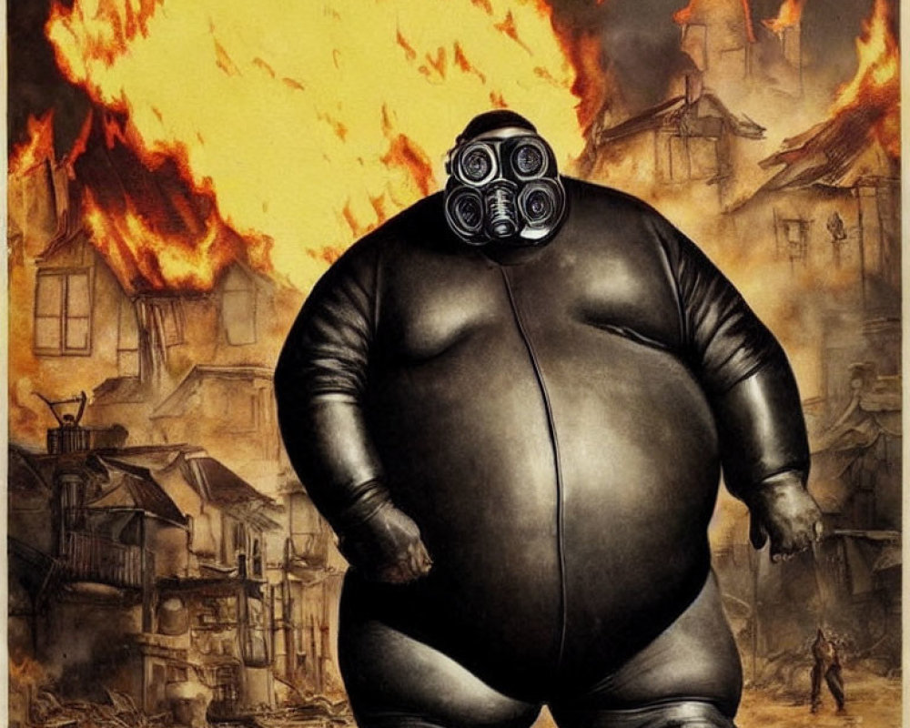 Apocalyptic scene with large figure in black suit and multiple goggle-like eyes