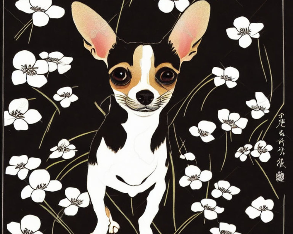 Wide-eyed Chihuahua with black and white fur in Asian-inspired floral setting