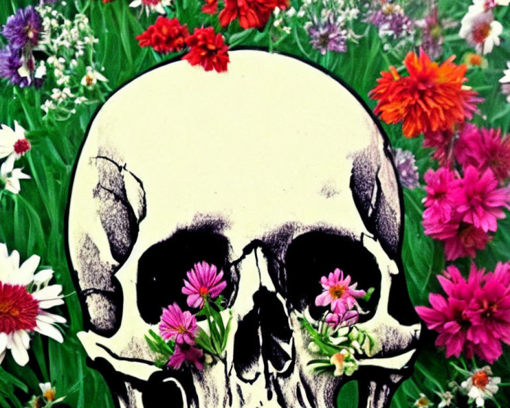 Skull illustration surrounded by colorful flowers and green foliage