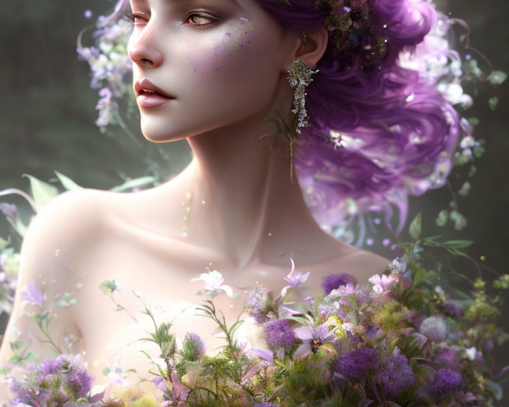 Portrait of Woman with Purple Skin and Floral Adornments