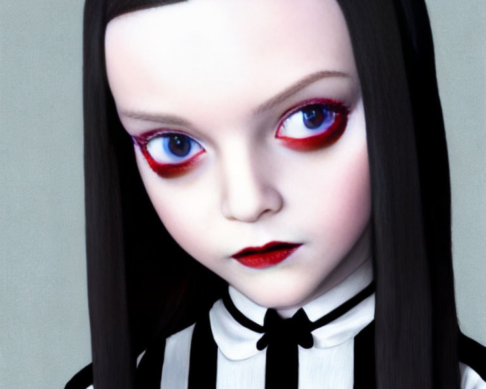 Doll-like figure with red eyes, pale skin, black hair, striped outfit