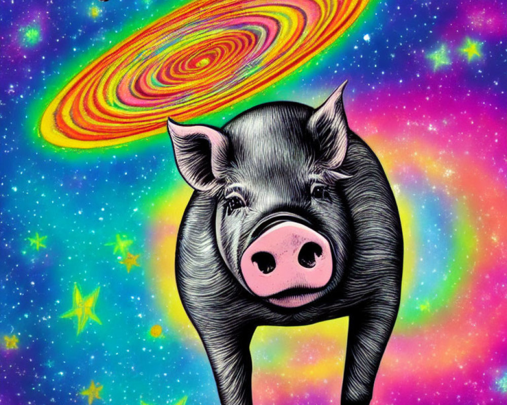 Colorful Pig Flying Through Vibrant Space Scene with Stars and Planets