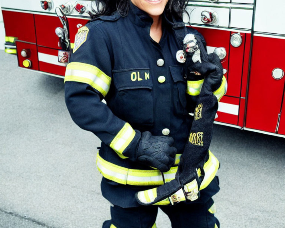 Smiling firefighter in gear with fire truck background