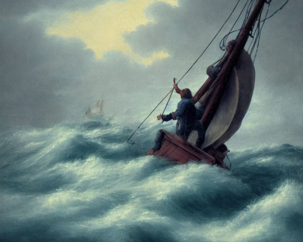 Sailors navigating rough seas on small boat with larger ship in background