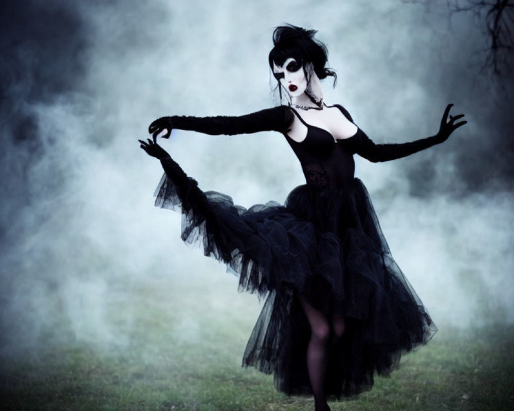Dramatic theatrical makeup and costume in mysterious foggy setting