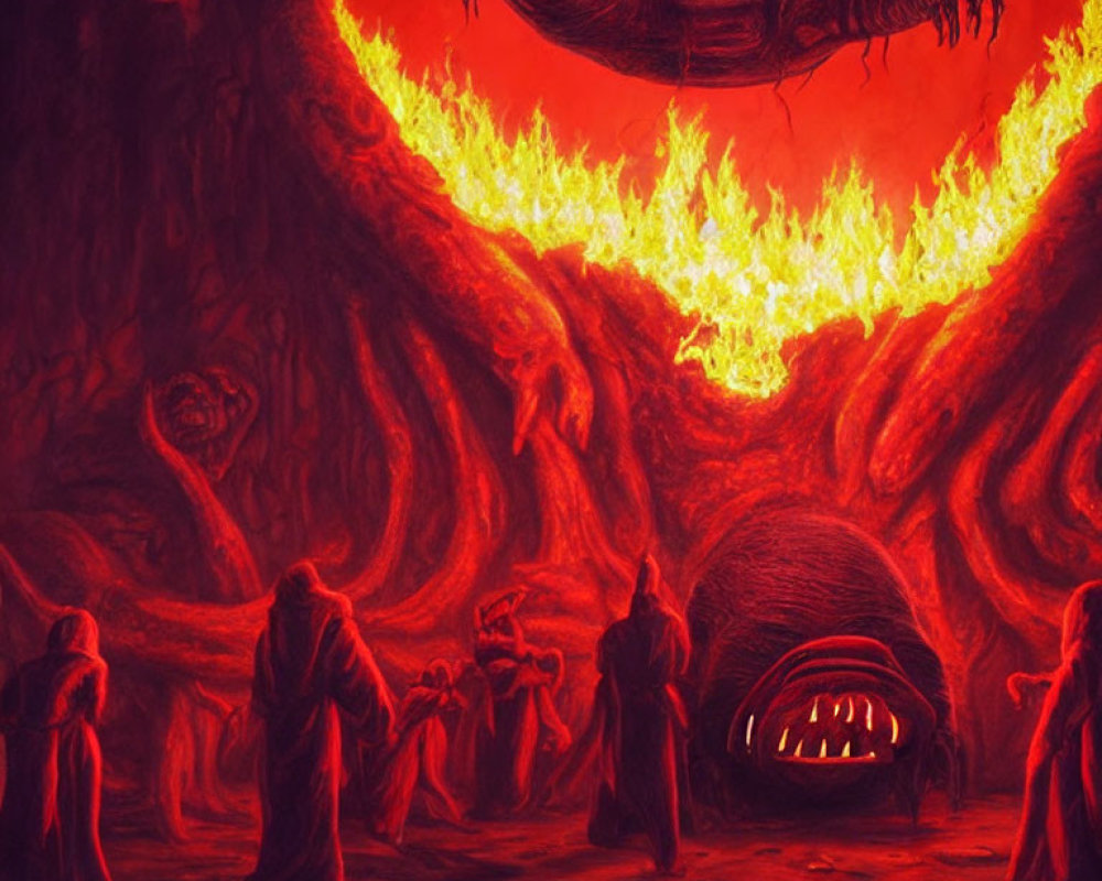 Hellish scene with robed figures, glowing-eyed beast, and fiery backdrop.