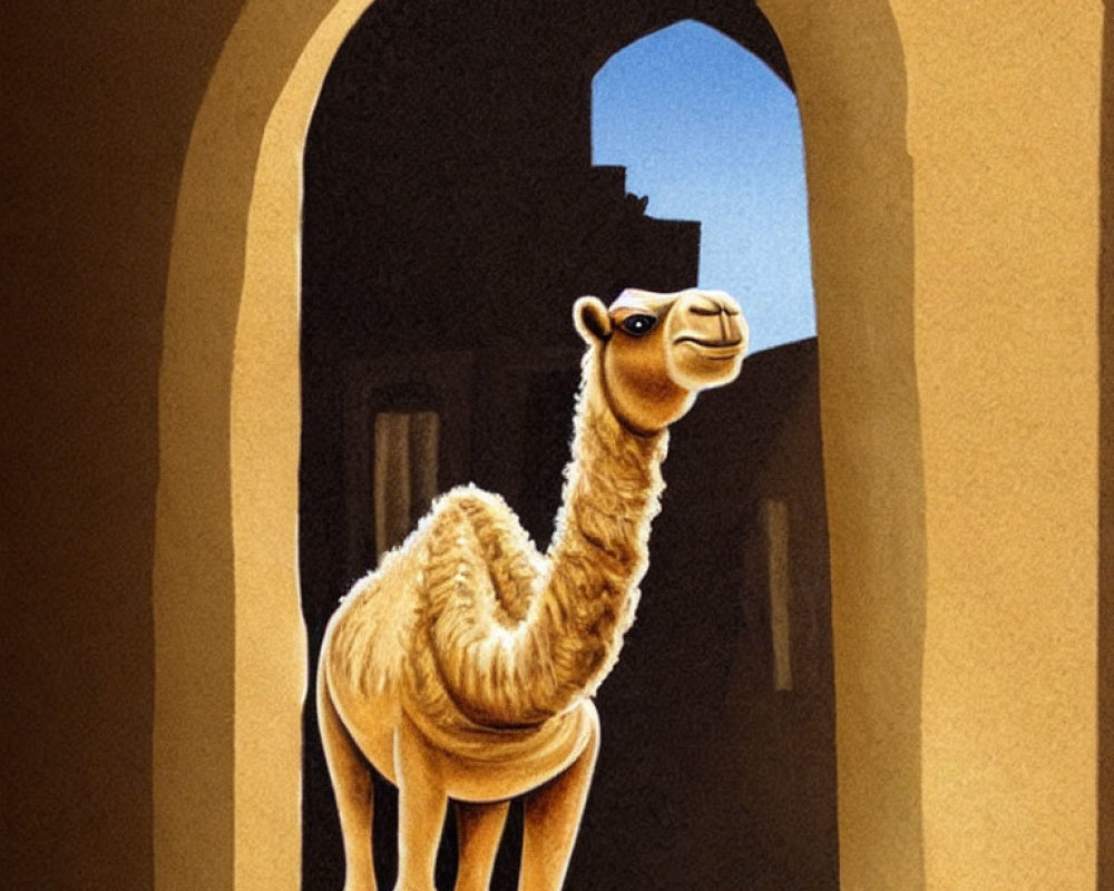 Desert camel framed in arched doorway with warm light shadows
