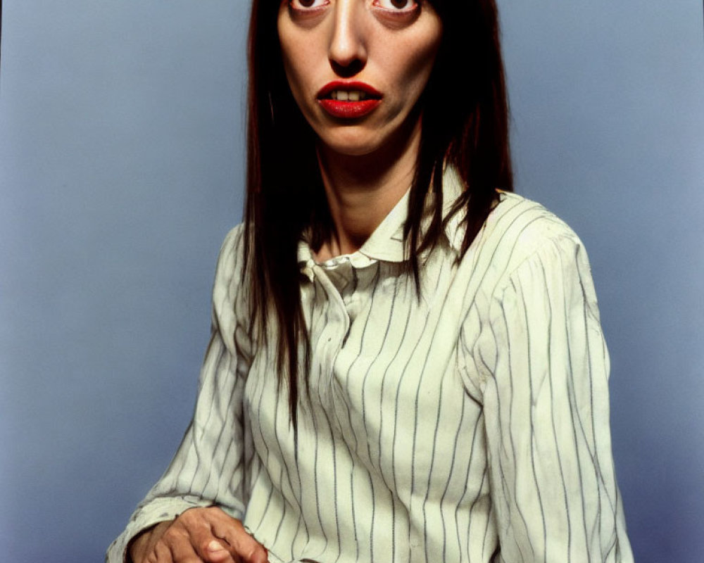 Portrait of Woman with Long Dark Hair and Red Lipstick in White Striped Shirt against Blue Background