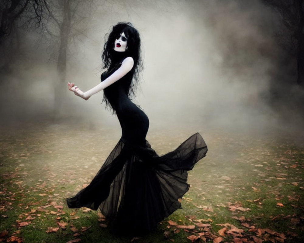 Dark Gothic Makeup and Black Gown in Misty Forest Setting