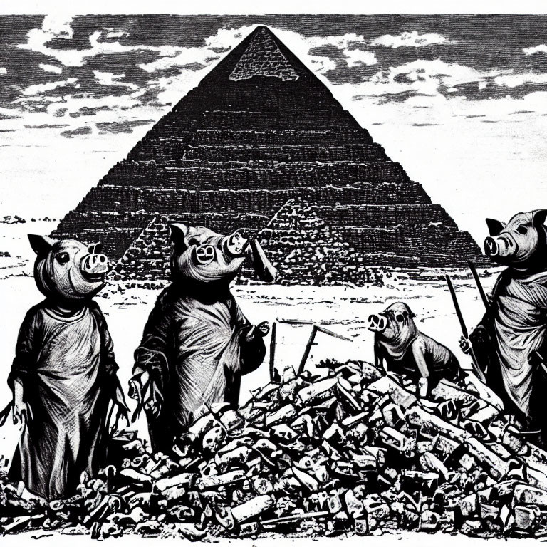 Monochrome illustration of pigs in clothes near pyramid.
