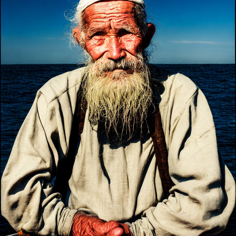 Bearded elderly man in suspenders squinting in sunlight by water
