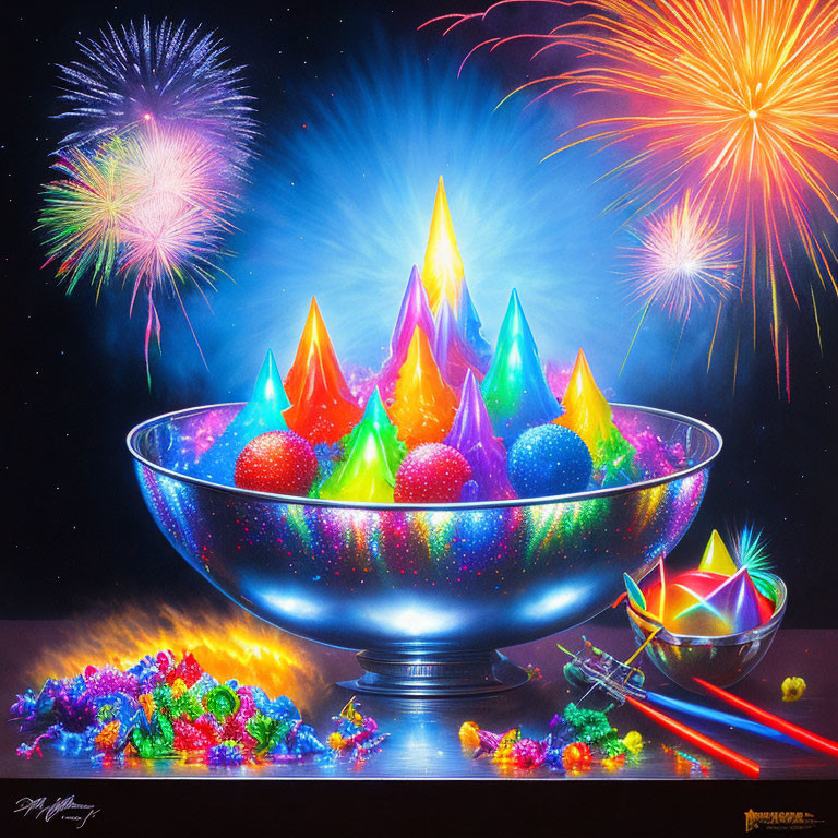 Colorful, Sparkling Bowl of Cone-Shaped Objects Under Fireworks-Lit Sky