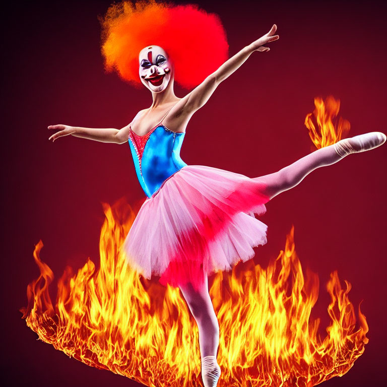 Ballet dancer in clown makeup performing pose with flames on crimson backdrop